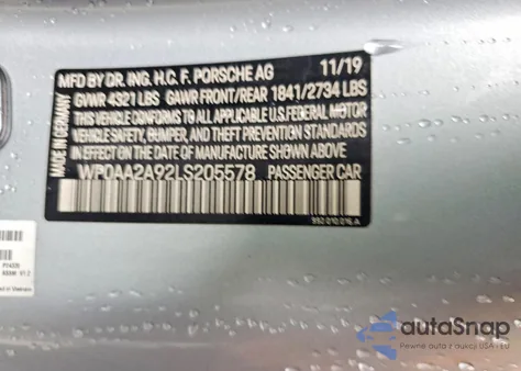 2020 Porsche 911 Carrera z USA, uszkodzony, nr VIN WP0AA2A92LS205578